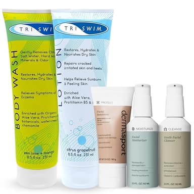 TRISWIM Chlorine Removal Body Wash & After Swim Lotion with Dermasport pH Balancing Cleanser, Hydrating Face Moisturizer, and Facial Sunscreen SPF 50 Bundle | Complete Skincare & Haircare for Swimmers