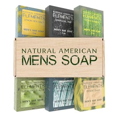 NATURAL AMERICAN ELEMENTS Mens Bar Soap - Masculine Scents, 100% Natural Soap for Men - Essential Oils, Organic Shea Butter - Made in USA, Man Body Wash - 5 oz (6pk)