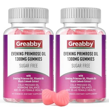 GREABBY Evening Primrose Oil Gummies 1300mg with Black Cohosh & Vitamin B6, Sugar-Free, PMS Relief Supplements for Women 20-45, Chewable PMS Gummies, Strawberry Flavor, Vegan, Pectin, 120 Count