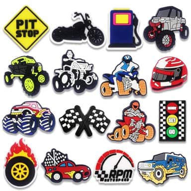 16Pcs Racing Car Shoe Charms for Croc Bubble Slides Sandals Clogs, Shoe Decorations for Adults Men Women Boys Girls