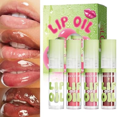 KIMIEYE 4 Pack Hydrating Glow Lip Oil Makeup Set for Women, Moisturizing Lip Gloss with Glow Finish, Long Lasting Nourishing Lip Care Fat Oil Lip Drip, Sweet Candy Scent (SET A, LIGHT)