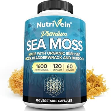 Nutrivein Organic Sea Moss 1600mg Plus Bladderwrack & Burdock - 120 Caps for Adults - Prebiotic Super-Food - Immune System & Digestive Health - Thyroid, Skin, Keto Detox, Gut, Joint Support