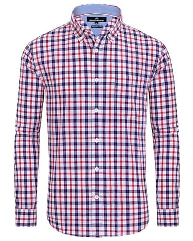 Alimens & Gentle Men's Long Sleeve Button Down Shirts Cotton Plaid Dress Shirts Regular Fit Casual Poplin Shirts Red