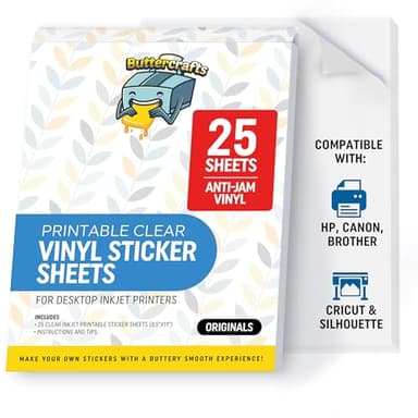 Clear Printable Vinyl Sticker Paper Waterproof 25 Sheets 8.5"x11", Inkjet Printer (HP, Canon, Brother Printers Compatible) - Weatherproof Transparent Sticker Sheets - Strong Adhesive