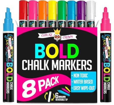 Bold Chalk Markers - Dry Erase Marker Pens - Liquid Chalk Markers for Chalkboards, Signs, Windows, Blackboard, Glass, Mirrors - Chalkboard Marker with Reversible Tip (8 Pack) - (Multicolored, 6mm)