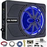 FOLTUSYMY 10" 800W Powered Car Subwoofer, 2025 Slim Under Seat Car Subwoofer Powered, High/Low Level Input, Car/Truck Audio Sub Built in Amplifier with Blue LED Ambient Light