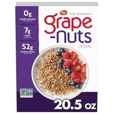 Grape-Nuts Original Cereal, Crunchy Whole Grain Wheat and Barley, Non-GMO, 20.5 oz Box