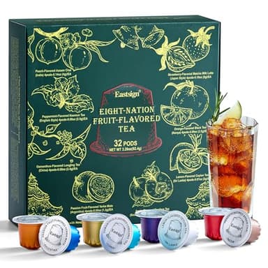 Eastsign Assorted Tea Variety Pack,Tea Pods with 8 Unique Flavors Nespresso Original Pods of Black Tea,Chai,Matcha,Green Tea,Yerba Mate and Rooibos,Compatible Nespresso Tea Pods,32 Count