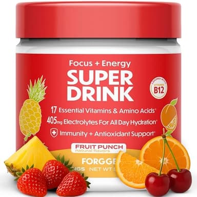 Forgge Healthy Energy Drink Powder Mix - Clean Caffeine + B12, B6, C & D Vitamins - Sugar Free Energy Drink Powder with Electrolytes, Amino Acids, Antioxidants, Lions Mane - Vegan, Keto-Friendly - 30 SVG, Fruit Punch