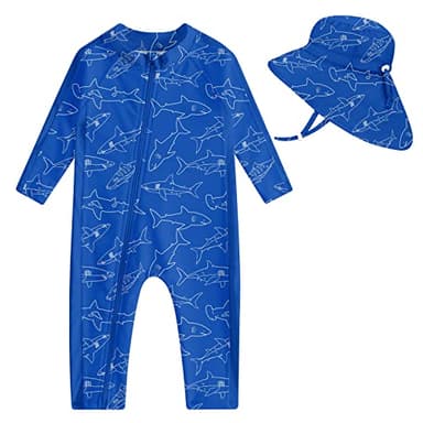 UNIFACO Baby Boys Swimsuit 6-9 Months Infant Rash Guard Swimwear Zip Sunsuit with Sun Hat UPF 50+ Bathing Suit