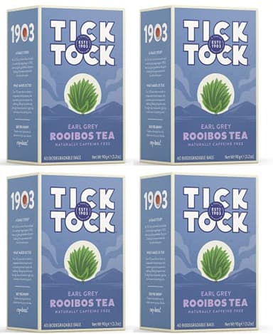 TICK TOCK TEAS Rooibos Earl Grey, Naturally Caffeine Free Red Bush Herbal Tea, Rich in Anti-Oxidants, South African, Superfood, 3.5 Oz, 40 Count, Pack of 4