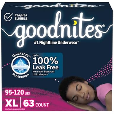 Goodnites Girls' Nighttime Bedwetting Underwear, Size Extra Large (95-120 lbs), 63 Ct (3 Packs of 21), Packaging May Vary