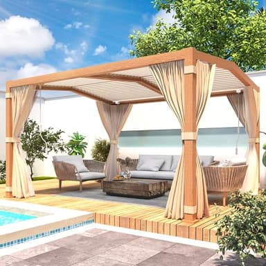 MELLCOM Aluminum Louvered Pergola - 11x13, Adjustable Pitched Roof, Wood Grain Finish with Waterproof Curtains and Nets