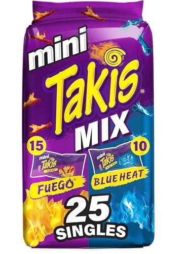 Takis Mini 25 pc / 1.23 oz Bite Size Variety Pack, Assorted Flavored Mixed Rolled Tortilla Chips – (15) Fuego, (10) Blue Heat