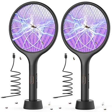 YISSVIC Electric Fly Swatter Bug Zapper Racket Dual Modes Mosquito Killer with Purple Mosquito Light Rechargeable for Indoor Home Office Backyard Patio Camping (Black 2 Pack)