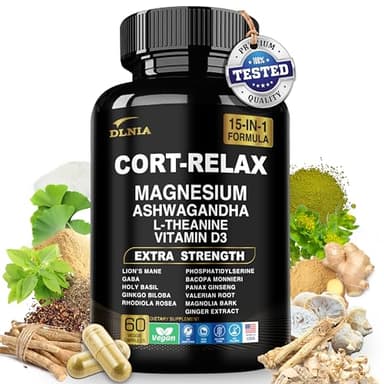 DLNIA Super Calm Cortisol Supplement with Magnesium Glycinate, Ashwagandha KSM-66, L-Theanine, Phosphatidylserine, Ginkgo Biloba & Lions Mane for Calm, Focus, Mental Clarity, Relaxation, Sleep, Energy