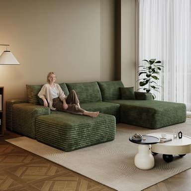 inoevl 107.7" Boneless Sectional Couch Modern Modular U - Shape Corduroy Upholstered Sofa for Living Room - Deep Seat with Chaise and Ottoman(Green, 2 Seater+Right Facing Chaise+Ottoman)