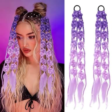 2PCS Purple Braided Hair Extensions, Elastic Tie-On Twisted Braided Long Faux Hair Ties for Women Girls, Fun Easy Synthetic Hairpieces, Cute Ponytail Holders for K-pop Lovers, Parties, Raves, Gifts