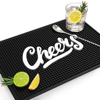 Premium Cheers Bar Mat for Home Bar - Large 18"x12" Rubber Bar Mats for Countertop - Non-Slip Bartender Mat - Drink Spill Mat for Bar Cart - Black Barmat for Cocktail Service