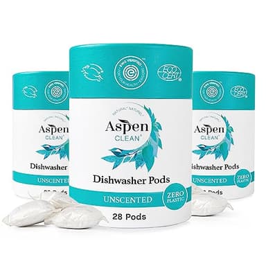 Unscented Dishwasher Pods by AspenClean, Dye-Free, Zero Plastic, Vegan, Eco-Friendly, Natural Dishwasher Detergent, EWG Verified™ - 28 Count (3 Pack)
