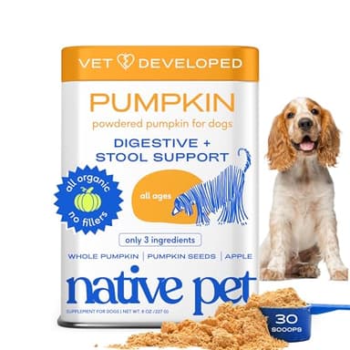 Native Pet Pumpkin for Dogs - Organic Dog Food Topper Powder - Promotes Firm Stools, Supports Digestive, Bowel Health & Nutrient Absorption - USDA Organic, Rich in Fiber with Real Pumpkin - 30 Scoops