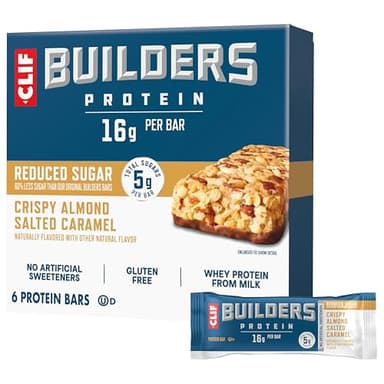 CLIF BUILDERS Protein Bars - Crispy Almond Salted Caramel - Reduced Sugar - Gluten Free - 16g Protein - No Artificial Sweeteners - 1.97 oz. (6 Pack)