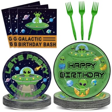 OBUSATT 96 Pcs Alien Theme Paper Plates and Napkins Outer Theme Space Birthday Party Supplies Galactic Birthday Tableware Set for Boys Girls Galaxy Party Decorations Favors for Serves 24