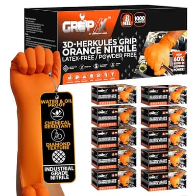 GRIPXX Herkules Grip Heavy Duty 8Mil Orange Nitrile Gloves,3D Raised Diamond Texture-Latex & Powder Free-Industrial, Mechanic (10, Large)