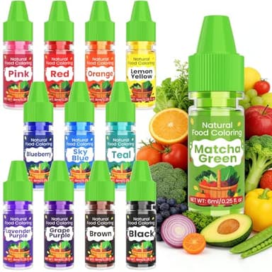Natural Food Coloring - 12 Vibrant Colors Natural Liquid Food Dye Set, FD&C & Artificial Dye Free, Food Grade Food Color Dye for Cake Decorating, Baking, Cooking, DIY Slime, Macaron - 6ml/Bottle