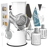 Cambom Rotary Cheese Grater Hand Crank Cheese Shredder for Fresh Cheese, Vegetable, Nuts,Non-slip Suction Base, Free Cleaning Brush Three Blades, White