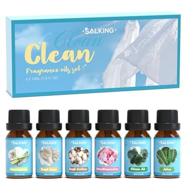 SALKING Clean Fragrance Oils, Premium Essential Oil for Diffuser, Scented Oil Gift Set for Soap Candle Making - Lemongrass, Fresh Cotton, Fresh Linen, Cherry Blossom Soap, Clean Air, Aloe
