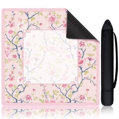 Sonwyoung Chinoiserie Mahjong Mat with 1 Carrying Bag 31.5 x 31.5 Pink and White Rubber Anti Slip and Noise Reduction Multi Purpose Game Table Cover for Mahjong, Card, Board Tile Games