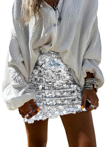 miduo Womens 2025 Fashion Sequin Skirt High Waist Stretchy Bodycon Sparkle Night Out Party Mini Skirts Silver M