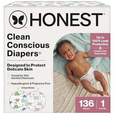 The Honest Company Comfort Dry Disposable Daytime Diapers for Sensitive Skin, Hypoallergenic, All the Alpacas + Turtle Time, Super Club Box Size 1 (8–14 lbs), 136 Count