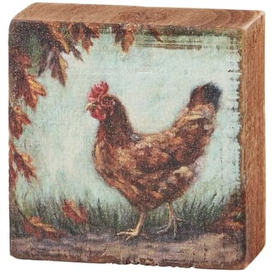 Fall Farm Chicken Sign for Home Décor, Primitives by Kathy Natural Wood Block Sign, Rustic Style with Distressed Details, Hand Painted Art, 3 by 3 Inches, Designed for Wall or Tabletop Display