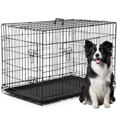 FDW XL Dog Crate Dog Kennel Cage with Double Door,42 inch Folding Metal Wire Dog Cage with Removable Tray&Divider Panel,Pet Crate for Medium Large Dogs,Black
