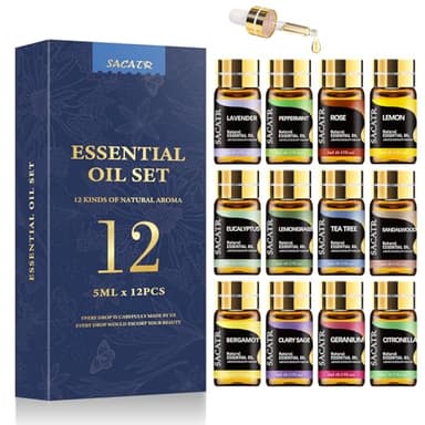 Essential Oils by SACATR Natural Essential Oil Set -12 Essential Oils Gift Set for Diffuser, Massage, Fragrance Oil Scent for DIY Candle and Soap Making (12 * 5ML)