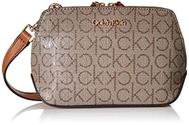Calvin Klein Women's Lucy Triple Compartment Crossbody, Almond/Taupe/Caramel Embossed, One Size