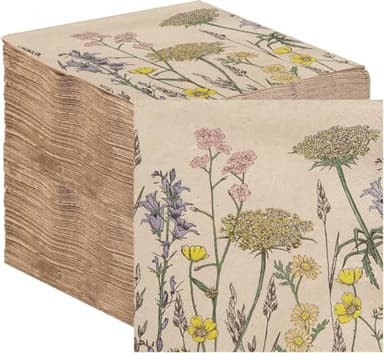 Table Kind 100 x Soft Recycled Floral Napkins Wildflower Soft Paper Napkins Pretty Wild Flower Serviettes for Spring Eco Friendly, Everyday & Compostable Weddings, Tea Party, Birthday Natural Kraft