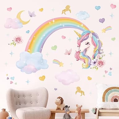 wondever Rainbow Wall Stickers Unicorn Clouds Peel and Stick Wall Art Decals for Girls Bedroom Kids Room Baby Nursery