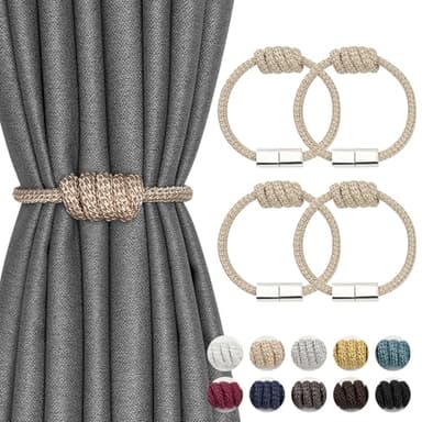 NICEEC 4 Pack Mini Magnetic Curtain Tiebacks Modern Simple Style Drape Tie Backs Elegant Hand Weave Rope Knot Decorative Curtain Holdbacks for Home & Office Window Drapery (Beige)