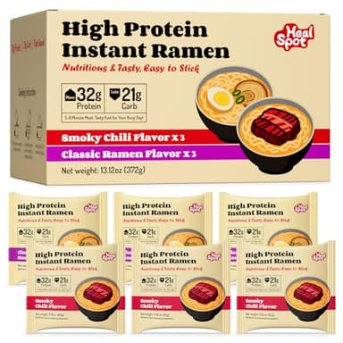 Healspot High Protein Instant Ramen Variety Pack, 6 Pack Non Fried Ramen Broth, 32g Plant Based Protein, Low Fat, Low Carb, Non GMO, Keto Friendly & Plant Based (Smoky-Beef,Classic-Pork)