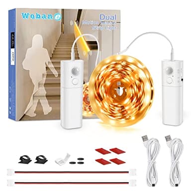 WOBANE Dual Motion Sensor Under Bed Lights,Rechargeable 16.4ft LED Light Strip,Battery Powered Tape Light for Shelves,Cabinet,Anywhere,PIR Detector,Cuttable,Flexible,2700K Warm White