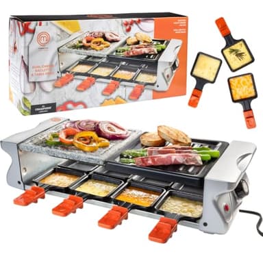 MasterChef Electric Raclette Table Grill w Non-Stick Grilling Plate & Cooking Stone- 8 Person Tabletop Cooker for Indoor, Smokeless, Korean BBQ - Melt Cheese, Cook Meat, Veggies, Appetizers-19" x 8"
