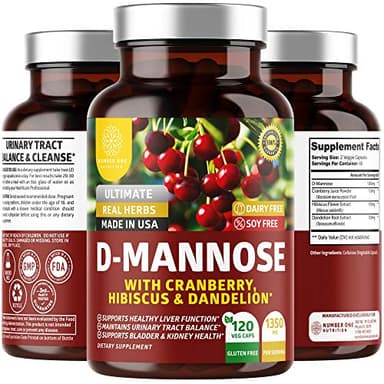 Number One Nutrition Premium D Mannose Supplement for Women and Men [Max Strength, 1350MG] Natural D-Mannose with Cranberry, Hibiscus and Dandelion for Urinary Tract Health, 120 Count