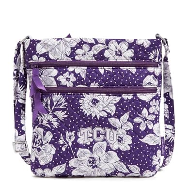 Cotton Collegiate Triple Zip Hipster Crossbody Purse (Multiple Teams Available), Purple/White Rain Garden with Texas Christian University