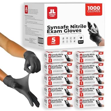 London Labs Synsafe 4 Mil -Black Nitrile Exam Gloves –Disposable Latex Free & Powder Free – Extra Strong, Rubber Gloves – First Aid Kit, Medical, EMT, Cleaning, Cooking | Bulk Case of (1000 ct)