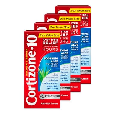 Cortizone-10 Maximum Strength Soothing Aloe Itch Relief Cream, 1% Hydrocortisone, Fast-Acting, Anti-Itch Cream for Bug Bites, Rash, Eczema, Psoriasis, Poison Ivy, Oak, Sumac, 2 oz (Pack of 4)
