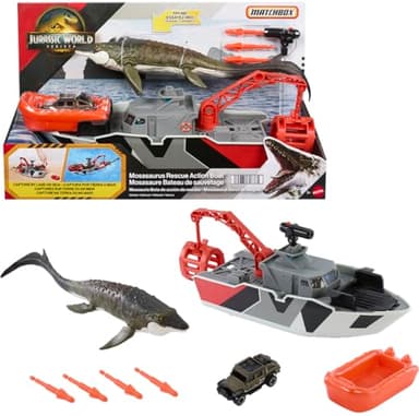 Matchbox Toy Car Playset, Jurassic World 12.5” Dino Boat with 13” Mosasaurus Dinosaur, 1:64 Die-Cast Jeep, Harpoon Missiles & Detachable Rescue Boat