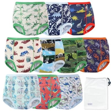 EZ Moms 10 Packs Double Absorption Potty Training Underwear for Boys Reusable Toddler Training Pants 5T High Waist Dinosaur Toddler Underwear Boys 5T Kid Confident Pee Pants with a Laundry Bag